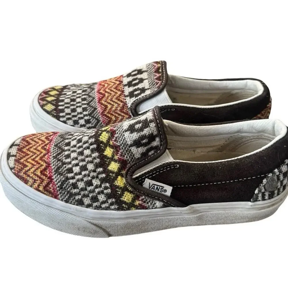 Vans Classic Slip On Fair Isle Brown Woven Textile Sneakers Size 3.5